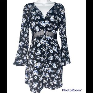Sugarlips Black & Blue Floral Long Sleeve Mini Dress, Sz Small, Perfect Cond
